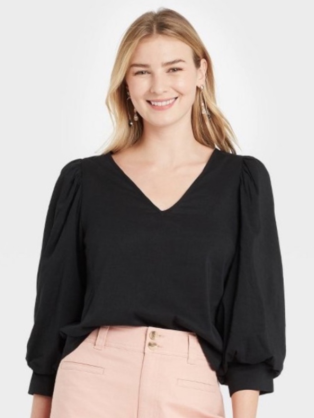a new day black bubble sleeve v-neck blouse